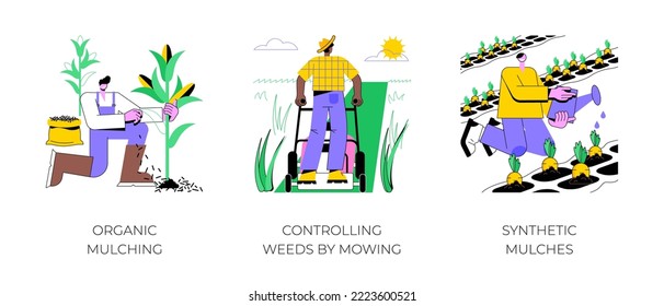 Weed management isolated cartoon vector illustrations set. Organic mulching, controlling weeds by mowing, synthetic mulches in organic farming industry, soil protection vector cartoon.