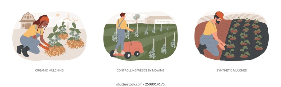 Weed management isolated cartoon vector illustrations set. Organic mulching, controlling weeds by mowing, synthetic mulches in organic farming industry, soil protection vector cartoon.