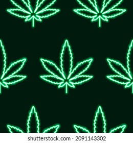 Weed Marijuana Neon Seamless Pattern. Vector Illustration Of Green Background.