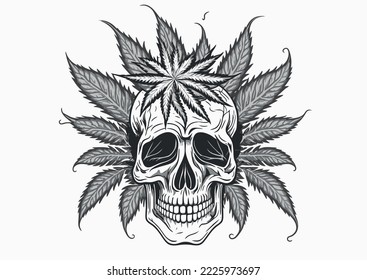 Vector de ilustración del cráneo de marihuana de maleza, logo de la tienda de marihuana medicinal