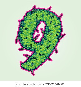 Weed monogram letter number 9 with hemp buds texture vector illustrations for your work logo, merchandise t-shirt, stickers and label designs, poster, greeting cards advertising business company brand