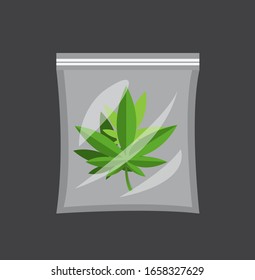 Weed In Plastic Bag, Cannabis Marijuana Leaf In Transparent Plastic Package With Ziplock Cartoon Flat Illustration Vector Isolated In Black Background