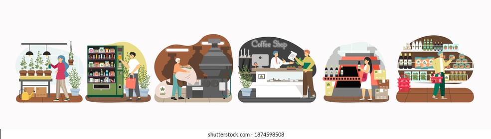 Weed Production Process Concept Vector Illustration. From Cannabis Grow To The Shop. Medical Marijuana Store, Hemp, Cbd Production Line. Vending Machine With Hemp Cannabis Products