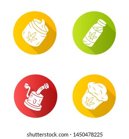 Weed products flat design long shadow glyph icons set. CBD drink and cream. Glass rig. Ganja cupcake. Marijuana legalization. Hemp distribution, sale. Cannabis industry. Vector silhouette illustration