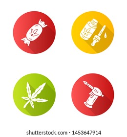 Weed products flat design long shadow glyph icons set. Cannabis industry. CBD oil and candy. Marijuana legalization. Hemp distribution, sale. Alternative medication. Vector silhouette illustration