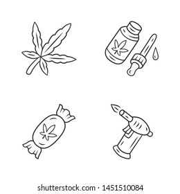 Weed products linear icons set. Cannabis industry. Marijuana legalization. Hemp distribution, sale. Alternative medication. Thin line contour symbols. Isolated vector illustrations. Editable stroke