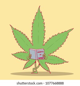 Weed reading a book vector illustration. Marijuana benefits design concept