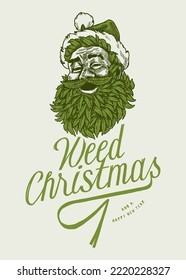 Weed Santa. Santa Claus With Marijuana Leaf Bird Laughing. Weed Christmas Vintage Illustration.