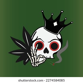 A weed skull logo, A skull with a crown smoking weed, weed logo