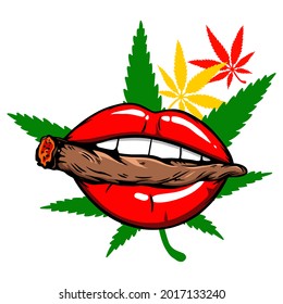 Weed smoking lips Cannabis. Sexy Lips Bite Marijuana Blunt Cannabis Drip Dripping Mouth. Woman Female Girl Beauty Sex Design
