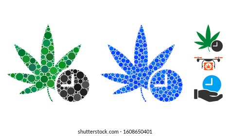 Weed time mosaic of round dots in different sizes and shades, based on weed time icon. Vector round dots are combined into blue illustration. Dotted weed time icon in usual and blue versions.