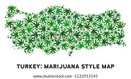 Weed Turkey map mosaic of marijuana leaves. Narcotic addiction concept. Vector Turkey map is designed of green ganja leaves. Abstract territorial plan in green color variations.