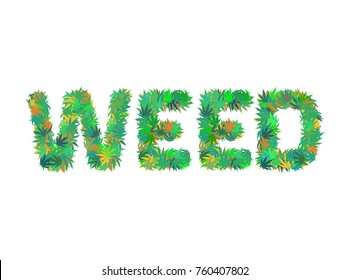 WEED word isolated on the white background made from cannabis leaves
