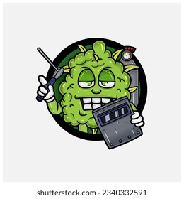 Weedbud Holding Weld Machine Character Cartoon With Circle. For Mascot Logo, Tshirt Design, Business, Cover, Label and Packaging Product. Vector and Illustrations.