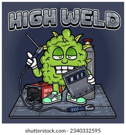 Weedbud Holding Weld Machine Character Cartoon With Text Effect and Background. For Mascot Logo, Tshirt Design, Business, Cover, Label and Packaging Product. Vector and Illustrations.
