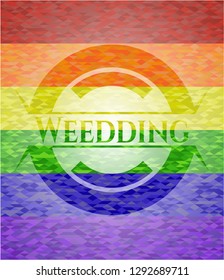 Weedding on mosaic background with the colors of the LGBT flag