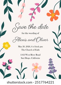 Weeding invitation with floral motive, flowers frame in elegant rustic style. Floral decorative template. Save the date card, invitation. Minimalistic simple beautiful weeding invitation.