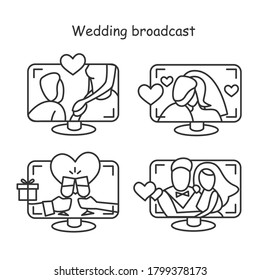 Weeding online icons set. Video call broadcast wedding ceremony line pictograms. Illustrations of marriage ceremony, proposal and social communication during covid lockdown. Editable stroke vectors