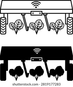 Weeding Robot Icons. Line and Glyph Vector Illustrations. Smart Autonomous Chemical-Free Weeding Machine Using Artificial Intelligence and Blades. Weeding Plants and Wi-Fi. Agrotechnology and Smart Farming Concept