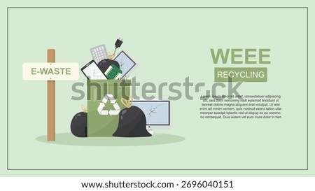 WEEE Recycling Concept. Recycling bin with discarded electronics and e-waste, perfect for awareness, campaigns, banners about WEEE recycling. Recycling electronics devices. Vector illustration