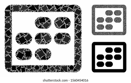 Week calendar composition of irregular pieces in variable sizes and color tones, based on week calendar icon. Vector humpy pieces are organized into composition.