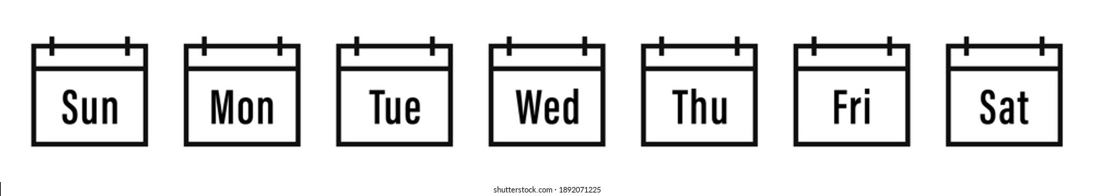 Wochenkalender-Symbole gesetzt. Plannersymbol, Zeichen. Einfaches Wochensymbol einzeln. Vektorgrafik.