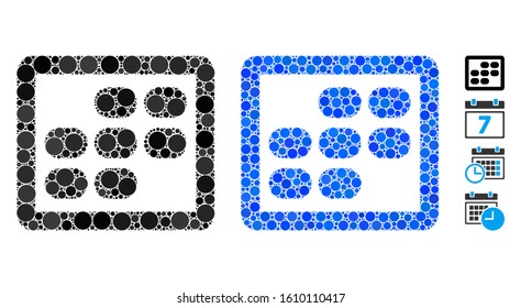 Week calendar mosaic of small circles in different sizes and color hues, based on week calendar icon. Vector small circles are united into blue mosaic.
