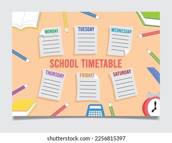 Week chart or plan and study planner, school timetable template with decorative alarm clock, book, pencil and more