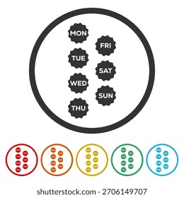 Icono de concepto de semana. Establecer íconos en Botones de círculo de color