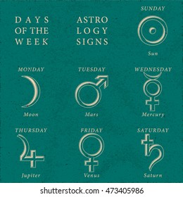 Week Days Astrology Signs  - Light Orange Elements on Turquoise Rough Paper Illusion Background - Pictogram Symbol Woodcut Style