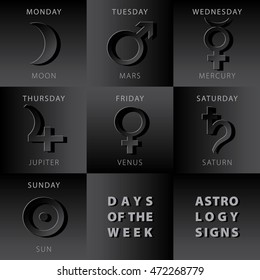 Week Days Astrology Signs Moon Mars Mercury Jupiter Venus Saturn Sun Icons Beginning From Monday - Black Relief Elements on Darker Background - Pictogram Symbol Gradient Graphic