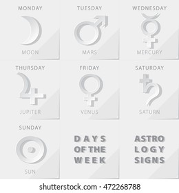 Week Days Astrology Signs Moon Mars Mercury Jupiter Venus Saturn Sun Icons Beginning From Monday - Grey Relief Elements on Natural Paper Effect Background - Pictogram Symbol Gradient Graphic