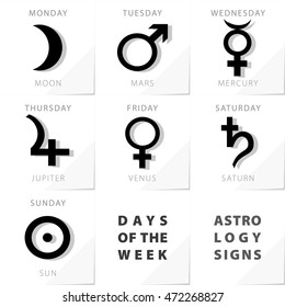 Week Days Astrology Signs Moon Mars Mercury Jupiter Venus Saturn Sun Icons Beginning From Monday - Black and Grey Elements on White Natural Paper Effect Background - Pictogram Symbol Silhouette Style