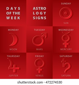 Week Days Astrology Signs Moon Mars Mercury Jupiter Venus Saturn Sun Icons Beginning From Sunday - Red Relief Elements on Darker Background - Pictogram Symbol Gradient Graphic