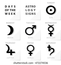 Week Days Astrology Signs Moon Mars Mercury Jupiter Venus Saturn Sun Icons Beginning From Sunday - Black and Grey Elements on White Natural Paper Effect Background - Pictogram Symbol Silhouette Style