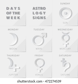 Week Days Astrology Signs Moon Mars Mercury Jupiter Venus Saturn Sun Icons Beginning From Sunday - Grey Relief Elements on Natural Paper Effect Background - Pictogram Symbol Gradient Graphic