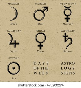 Week Days Astrology Signs Moon Mars Mercury Jupiter Venus Saturn Sun Icons Beginning From Monday - Black Elements on Brown Rough Paper Illusion Background - Pictogram Symbol Woodcut Style