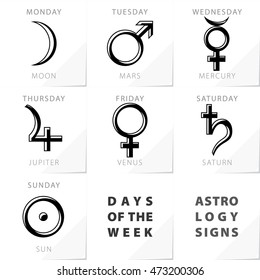 Week Days Astrology Signs Moon Mars Mercury Jupiter Venus Saturn Sun Icons Beginning From Monday - Black Elements on White Natural Paper Effect Background - Pictogram Symbol Stencil Style