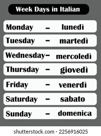 Week days in Italian language with English Sunday to Saturday. box shape design. vector illustration. eps10. educational purpose concept.