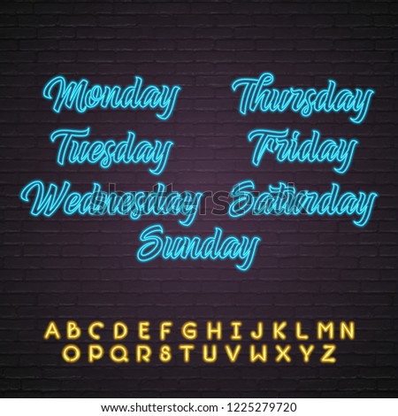 Week of days neon Light Glowing Letter with Alphabet Neon Yellow Bright