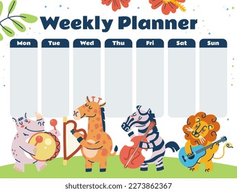 Week kid planner animal calendar table cute banner jungle style concept. Vector graphic design illustration