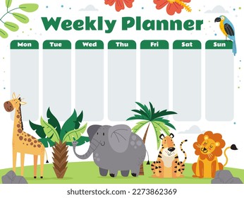 Week kid planner animal calendar table cute banner jungle style concept. Vector graphic design illustration