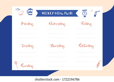 Week meal planner, daily food plan. Diet diary list, weekly organizer, A4 printable page