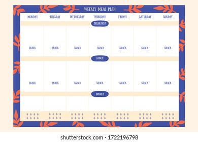 Week meal planner, daily food plan. Diet diary list, weekly organizer, A4 printable page