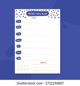 Week meal planner, daily food plan. Diet diary list, weekly organizer, A4 printable page