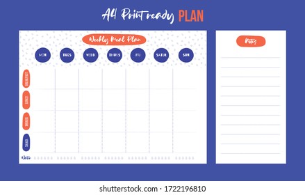 Week meal planner, daily food plan. Diet diary list, weekly organizer, A4 printable page