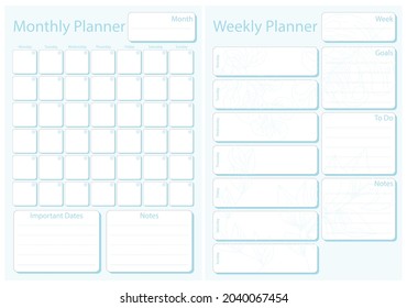 Week and month planner leaf in blue color without dates, week starts on Monday, template, mock up calendar leaf illustration. Vector graphic page