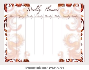 Week organization templates with bird damask pattern with curled tails, wings and copy space. Empty planner. Vintage curled animal ornament. Vintage template setting tasks for the week