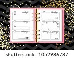 Week organizer mock up. Opened notebook on dark geometric texture with gold sequins. Sunday, monday, tuesday, wednesday, thursday, friday, saturday. Days of week calligraphy. Gold confetti.