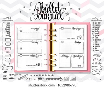 Week organizer. Opened notebook on light white texture. Line doodles set on mock up. Days of week calligraphy and bullet journal elements set.
